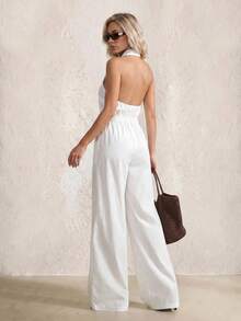 SHEIN PETITE High-End White Jumpsuit For Spring/Summer: Elegant Minimalist, Casual, Perfect For Vacation Look. Stylish, Versatile, Sophisticated, Petite Women - White - View 9