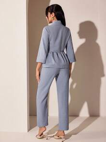 Veilorie Women's Starfish Decor Pleated Long Sleeve Shirt And Casual Pants Arabic Style Set - Blue - View 4