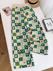 Breezaya Bestselling Abstract Plaid Floral Print Plus Size Women's Vacation Casual Long Pants - Multicolor - View 1