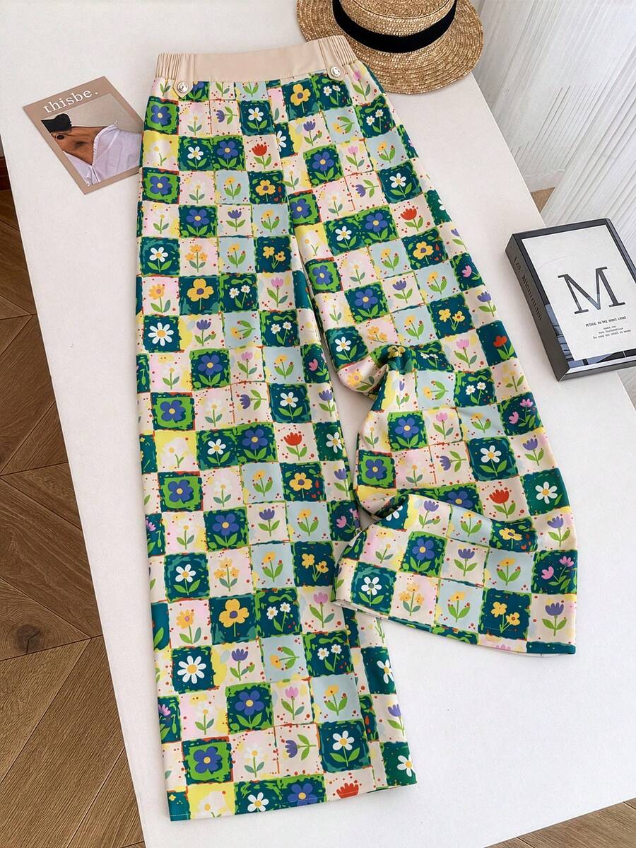 Breezaya Bestselling Abstract Plaid Floral Print Plus Size Women's Vacation Casual Long Pants - Multicolor - View 1