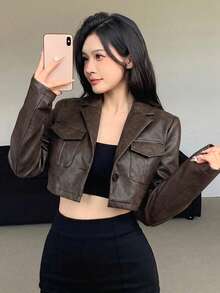 Joudiya 春秋棕色寬鬆休閒時尚街頭短版PU皮夾克輕量戶外長袖女款外套 - 棕色 - 查看 6