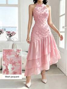 Modelyn Halter Neck 3D Floral Mesh Patchwork Multi-Layer Chiffon Pink Dress - Pink - View 5