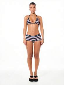 BABYPHAT Atasan Bikini Segitiga Bergaris dengan Tali Leher Halter, Pakaian Renang Pantai Musim Panas, Motif Pink dan Navy - MultiWarna - View 3