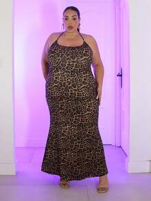 Pretty and Ole Plus Size Fashion Leopard Print Backless Halter Fishtail Dress - Multicolor - View 3