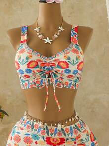 Swim Lushoire Set Pakaian Renang Musim Panas Terbaru dengan Atasan Tankini Berkerut dan Rok Mini Motif Bunga, Set Bikini Konservatif Gaya Boho untuk Liburan Pantai Warna Beige - MultiWarna - View 4