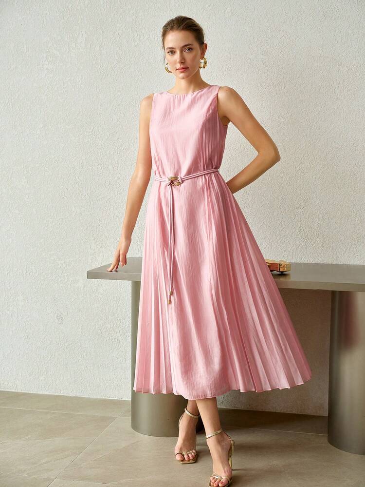 SPRING/SUMMER WOMEN'S ELEGANT COMMUTER PINK TENCEL PLEATED MIDI DRESS
