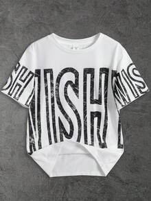 SHEIN 儿童/青少年男孩灰色短袖休闲简约针织T恤，饰有大号字母图案，适合返校、郊游、聚会、度假、春夏穿着。 - 白色 - 查看 3