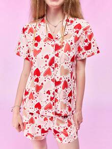 Notgurli Women's Heart Pattern Casual & Home Wear 2-Piece Open Front Set - Pink - View 4