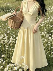 Celisse Women's V-Neck Waist-Defining Sleeveless Midi Dress, Elegant Vacation Style For Spring And Summer - Light Yellow - View 1
