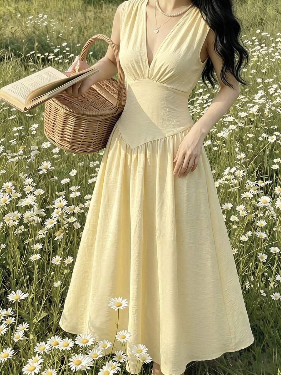 Celisse Women's V-Neck Waist-Defining Sleeveless Midi Dress, Elegant Vacation Style For Spring And Summer - Light Yellow - View 1
