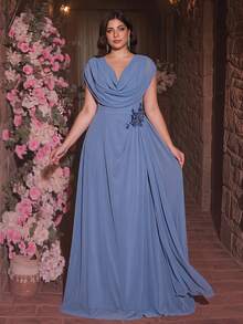 Glamrae Plus Size Elegant Formal Deep Dusty Blue Chiffon Draped Neck Dolman Sleeve Ruched Asymmetric Ruffle Hem Luxurious Applique Decor Dress Wedding Evening - Dusty Blue - View 6