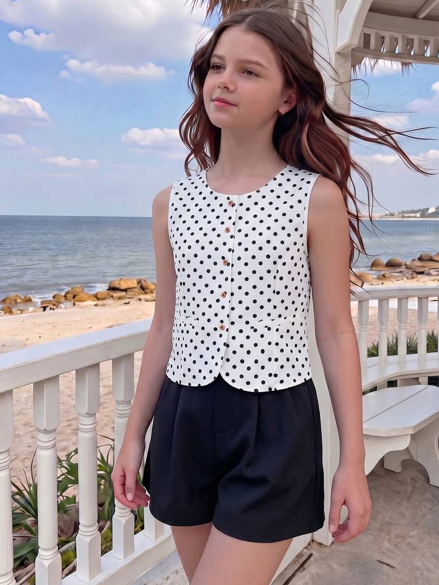 SHEIN XT26211 Bộ 2 món áo gile & quần short thường ngày phong cách Old Money mùa hè cho thanh thiếu niên, trang phục đi chơi thoải mái phù hợp mặc đi làm hàng ngày và đi nghỉ lễ - Đen và trắng - Xem 1