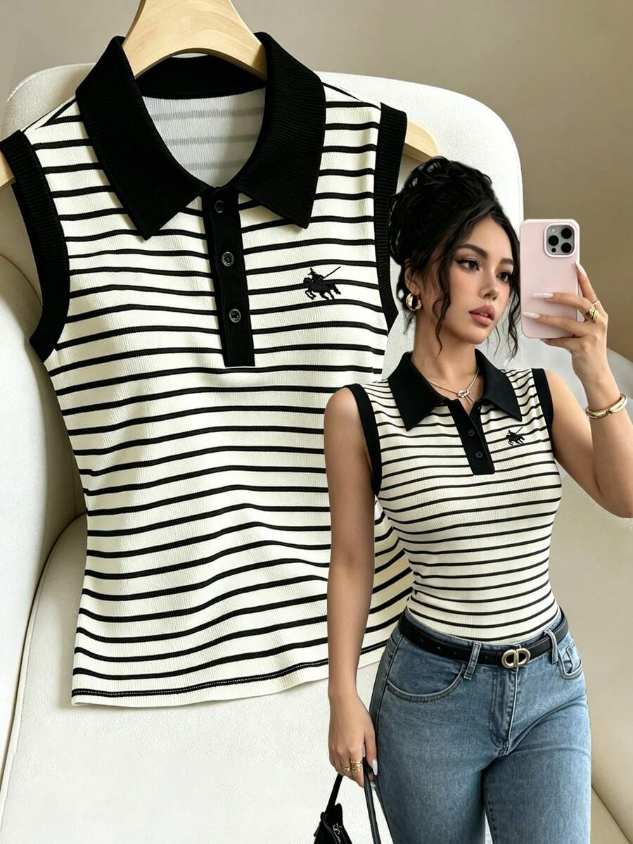 SHEIN Elenzya 女士休闲条纹刺绣 Polo 领半拉链无袖针织背心,优雅日常通勤之选 - 黑色 - 查看 1