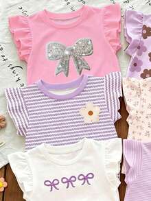 Souflis Souflis Gentle Purple Stripe, 3D Bow Pattern, Young Girl Casual Simple Versatile Round Neck Cap Sleeve T-Shirt 1pc Suitable For Spring/Summer Daily Wear, - Pink - View 4