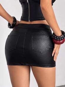 Jeanoix Women's Y2K Summer Faux Leather Coated Napoleon Style Skirt - Black - View 2