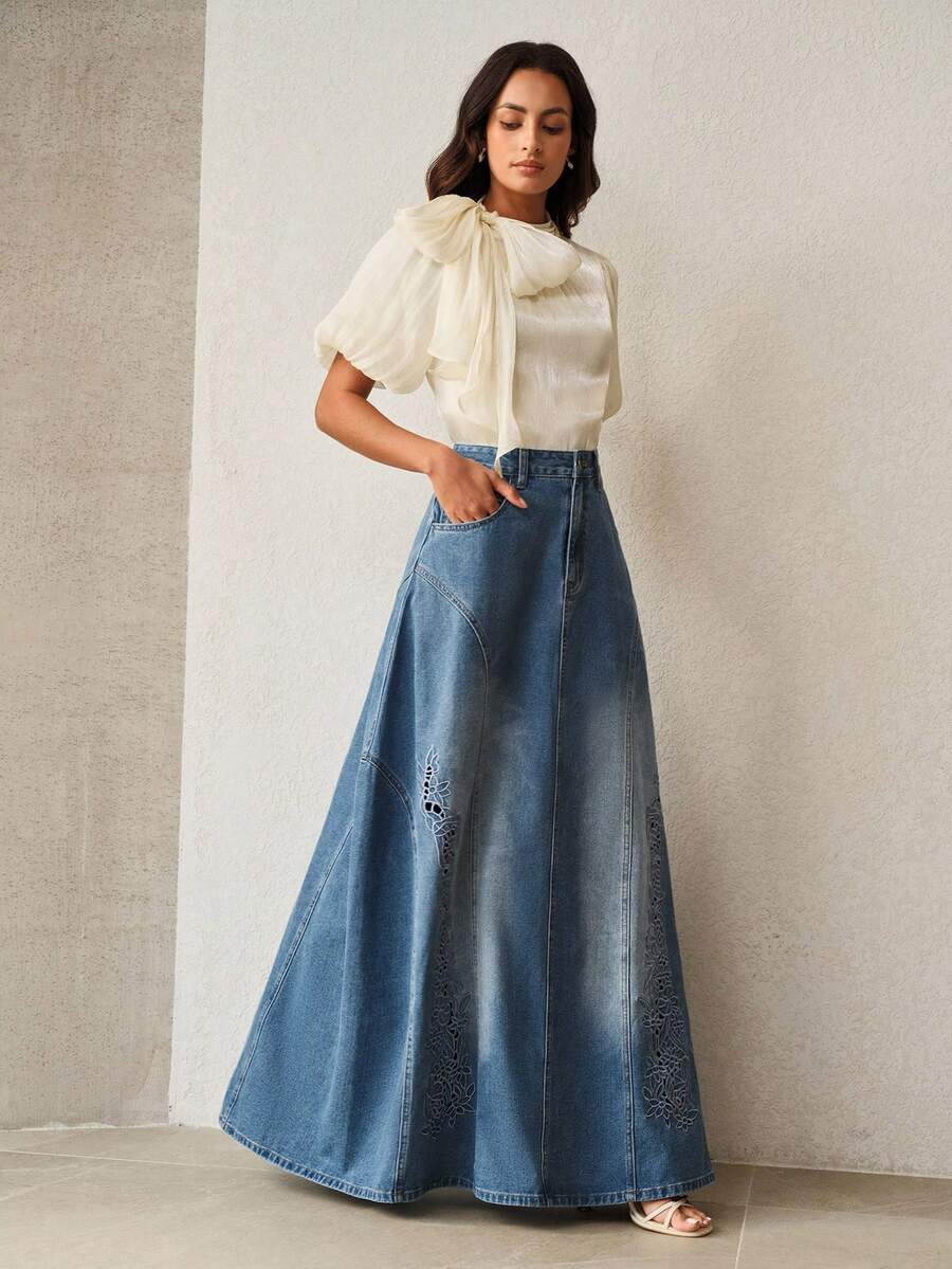 Anewsta Women's Casual Daily Floral Embroidered Washed Denim Skirt - Blue - View 1