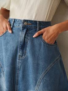 Anewsta Women's Casual Daily Floral Embroidered Washed Denim Skirt - Blue - View 7