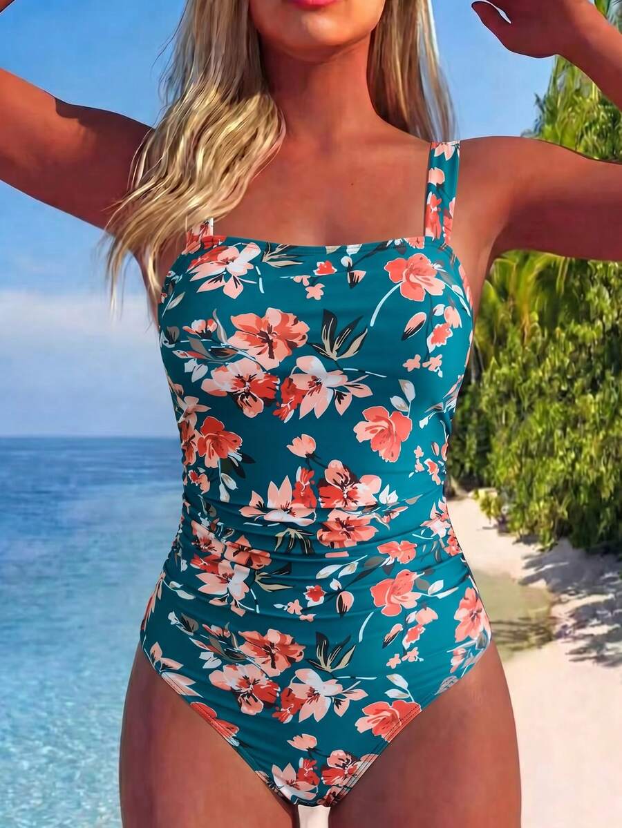 Swim Lushoire 女款寬肩帶優雅顯瘦抓皺漸層式一件式泳衣海灘套裝 - 彩色 - 查看 1