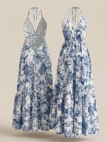 Gownix Backless White And Blue Floral Print Halter Neck Vacation Dress Summer Boho - Blue and White - View 3