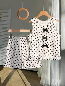 2pcs Set Teen Girl Summer Polka Dot Bow Sleeveless Top Ruffle Hem Shorts Set,Sweet Spicy Style,Cute,Parties,Vacation Outings - White - View 6