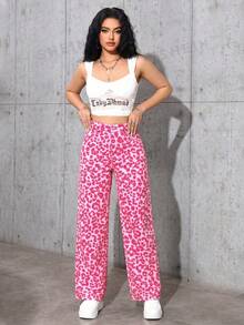 SHEIN ICON 女款時尚豹紋牛仔長褲 - 粉色 - 查看 4