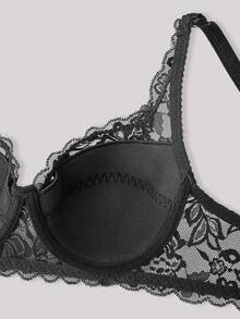 Hourtrue Sujetador con aro de encaje floral Lencería para el verano para el verano - Negro - Ver 5