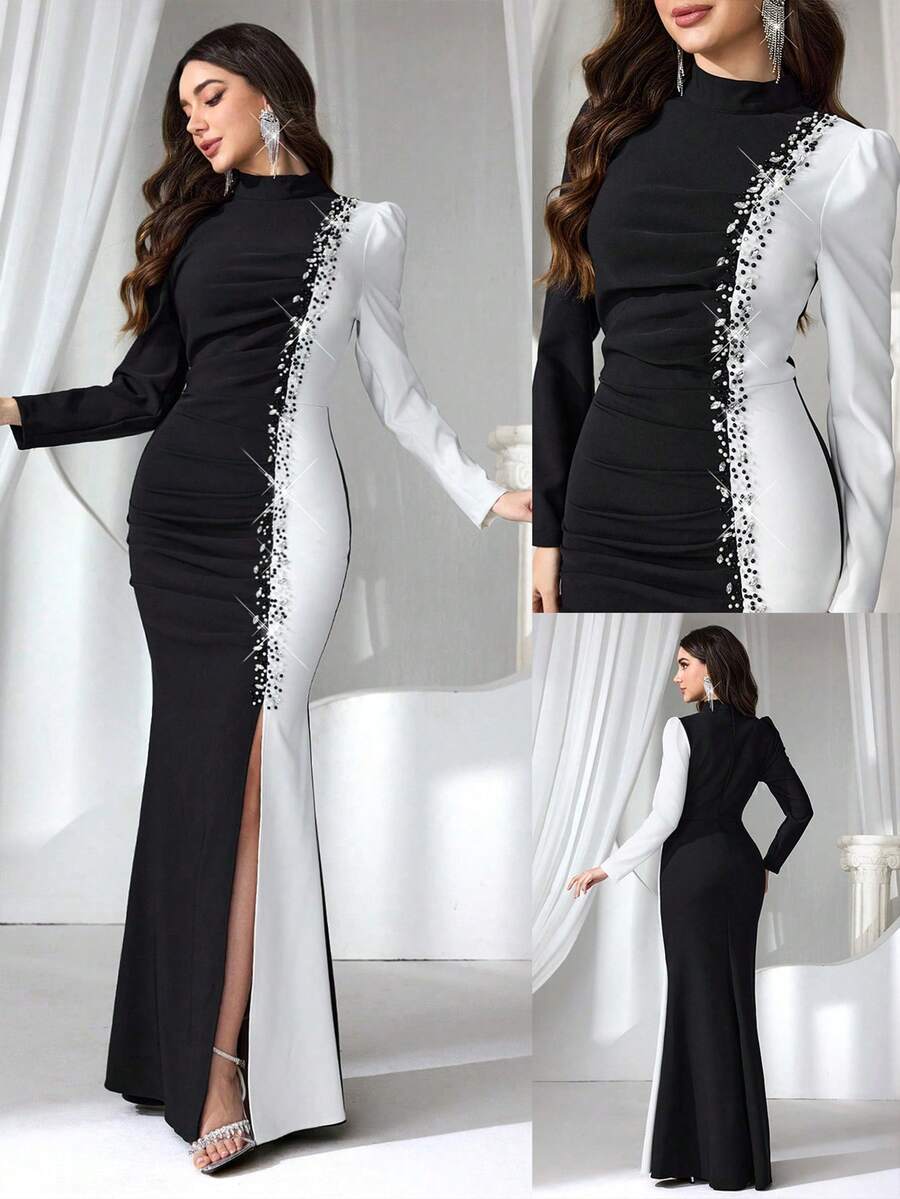 Coutiva Gaun Pesta Malam Elegan dengan Kombinasi Warna, Gaun Tamu Pernikahan dengan Hiasan Berlian Imitasi, Gaun Pesta Formal Mewah Bergaya Sosialita untuk Musim Semi/Panas - Hitam dan Putih - View 1