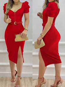 INAWLY Đầm tay lỡ cổ chữ V gợi cảm có khóa kéo trang trí thắt lưng cho nữ - Đỏ - Xem 1