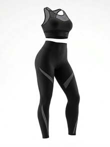 SHEIN Unity 2pcs Fitness Yoga Suit Gym Outfits Set Contrast Mesh Top Wideband Waist Leggings Workout Women Set - Black - View 1