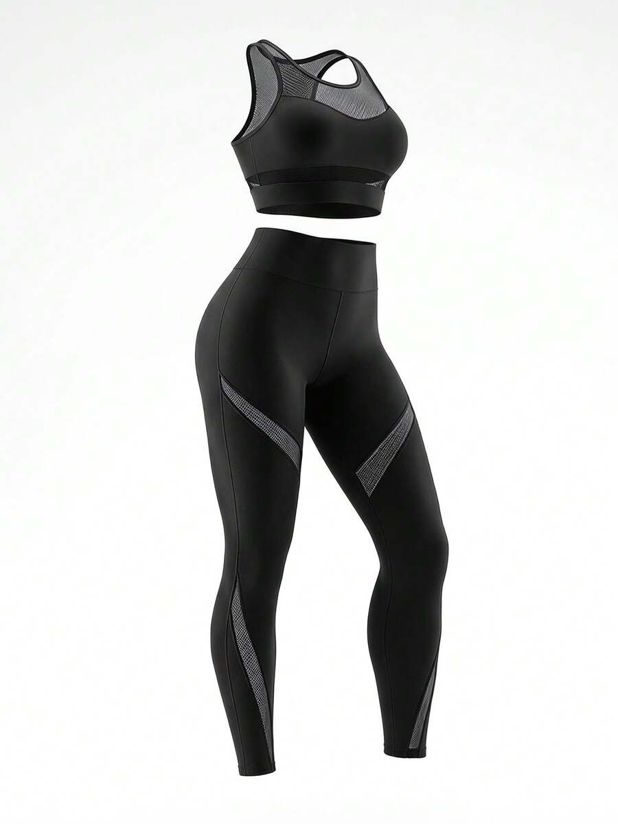 SHEIN Unity 2pcs Fitness Yoga Suit Gym Outfits Set Contrast Mesh Top Wideband Waist Leggings Workout Women Set - Black - View 1
