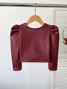 SHEIN Elladie kids 少女酒紅色珠飾拉鍊時尚皮革夾克 - 酒紅色 - 查看 2