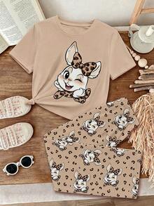 Cream Beige, Cute Sweet Leopard Bow Animal Rabbit & Bear Print, Young Girls Comfortable - Multicolor - View 5