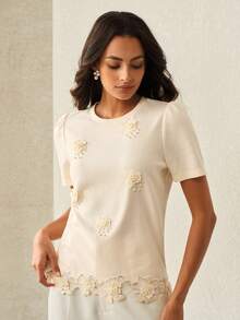 Anewsta Top de mujer casual de lujo y moda con bordado y cuentas, cuello redondo, estilo primavera/verano - Beis - Ver 4