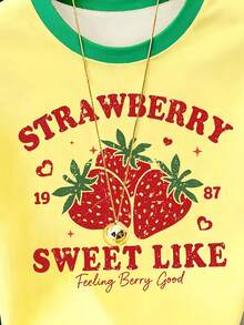 Tween Girls Spring And Summer Clothes, Casual Fashion Creative Yellow Base Green Trim Patchwork Style Red Strawberry Letter Slogan Print Summer Casual Style Basic Short T-Shirt Suitable For Spring, Summer, Autumn Girls Daily Wear, Tops - Multicolor - View 6