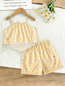 Tween Girl Plaid Floral Print Tassel Design Camisole Top And Shorts Casual Daily Set - Yellow - View 2