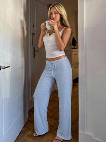 Livesso Floral Knit Contrast Color Ruffle Waist Design Long Pajama Pants Women's Sleepwear Bottoms - Baby Blue - View 5