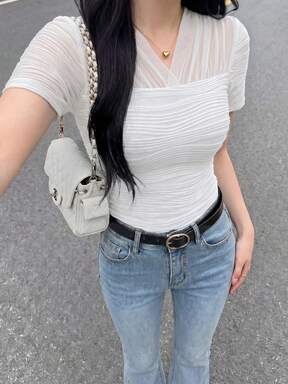Feyla New French Design Casual Elegant Spliced Sheer Mesh Slimming Short Sleeve Top Date White Summer
