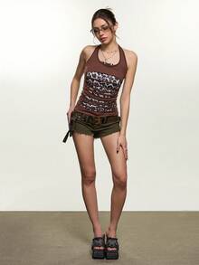 INAWLY Blusa casual de mujer con estampado de leopardo y parches, con cuello halter y lazos, adecuada para citas y fiestas - Multicolor - Ver 2