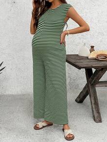 SHEIN Mono de maternidad sin mangas con patrón de rayas en bloques de color y abotonadura sencilla - Verde - Ver 6