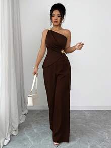 Selianne Minimalist Sexy Style Asymmetric One-Shoulder Tank Top & Bottom 2 Pieces Set For Women - Coffee Brown - View 5