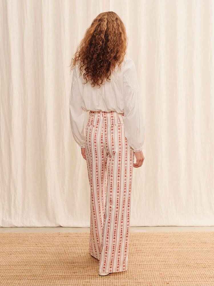 White High Waisted Floral Trouser With Straight Loose Fit Leg Summer Holiday Business Casual Pants