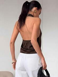 Firerie Women's Sexy Backless Halter Neck Blouse, Elegant For Party, Commute And Vacation, Summer - Brown - View 2