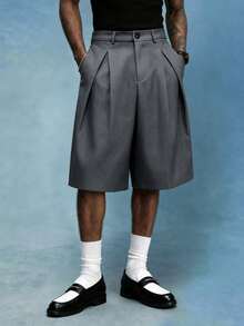 PAVTROS Men's Double Pleated Silhouette Rivet Design Wide Leg Shorts Casual Versatile - Dark Grey - View 3