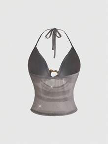 ROMWE Y2K 女款性感露背垂墜領口亮片面料綁帶細肩帶背心上衣，夏季無袖上衣，適合夜店、情人節、音樂節、演唱會、度假穿搭 - 銀色 - 查看 2