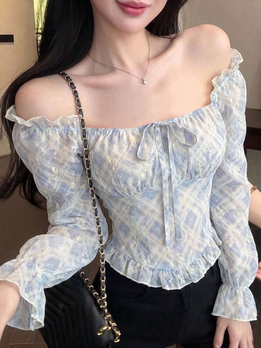 Joudiya 秋季蕾絲露肩上衣 前綁帶收腰短袖女款襯衫 適合婚禮野餐茶會宴會 藍白配色 優雅可愛 長袖 - 藍色 - 查看 1