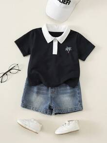 SHEIN 男嬰/男嬰 2件組 春/夏休閒可愛拼色深藍色短袖POLO衫與牛仔短褲套裝，男嬰套裝，男嬰夏季服裝，柔軟，牛仔，牛仔褲 - 藏藍色 - 查看 3