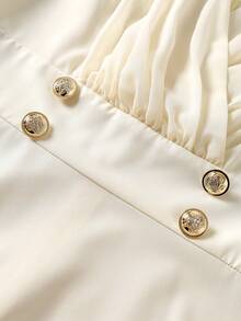 Elenzga Vestido fluido con escote en V cruzado, mangas con volantes de gasa, botones metálicos doble botonadura, cintura francesa elegante con corte evasé, color champán y melocotón claro, adecuado para el trabajo y las vacaciones - Albaricoque - Ver 4