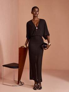 JIAN LASALA Mesh V Neck Batwing Sleeve Women Boho Dress Vacation Casual Holiday - Coffee Brown - View 6