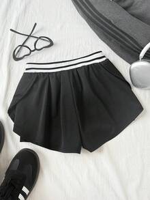 SHEIN Tween Girl Sports Knit Solid Color Loose Elastic Shorts - Black - View 2