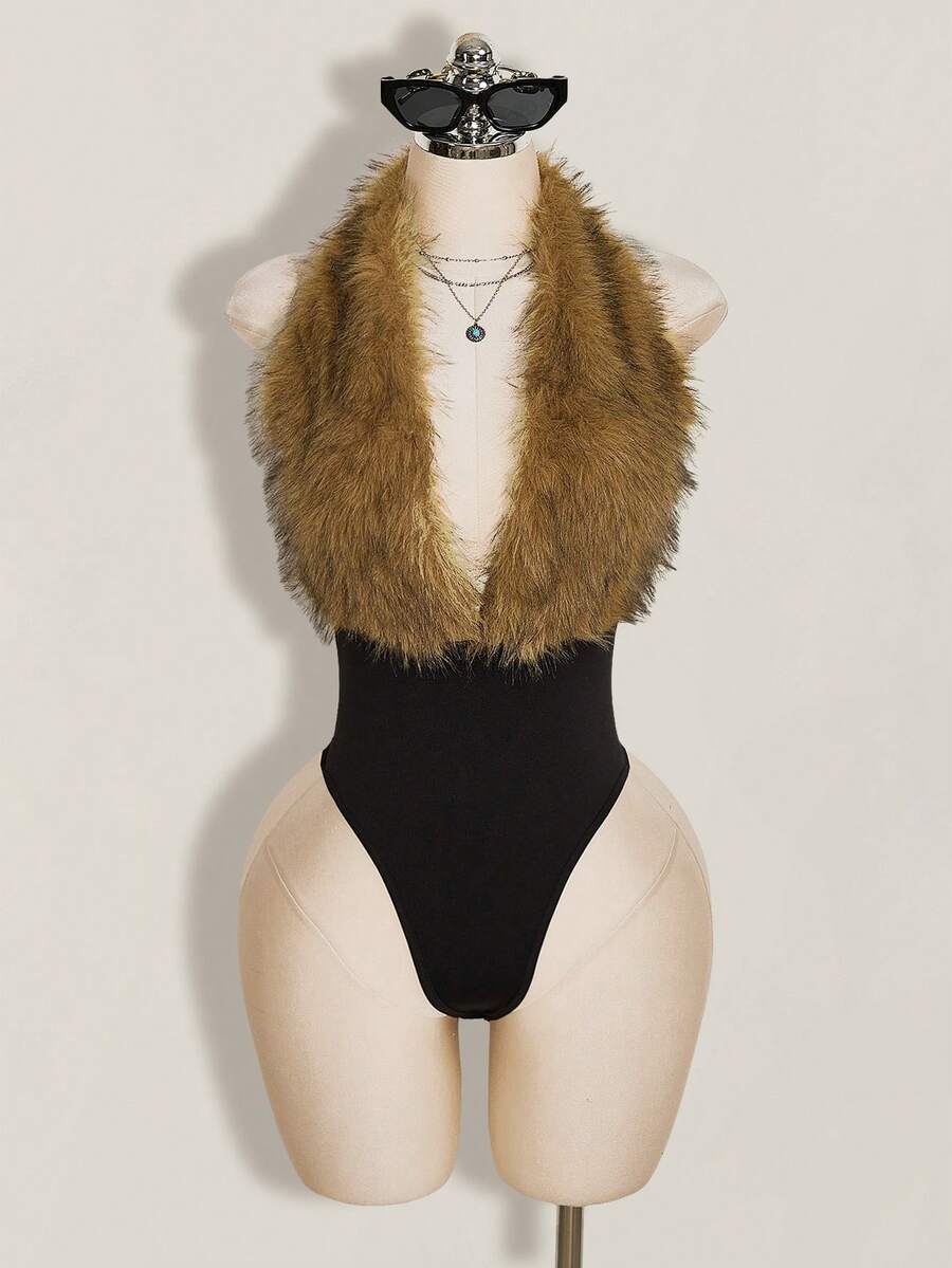 SHEIN ICON Women's Deep V-Neck Sleeveless Fur Collar Design Solid Color Fitted Backless Bodysuit - Multicolor - View 1